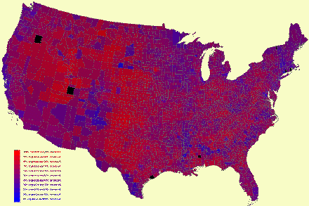 Surprising map by actual percentage of votes.